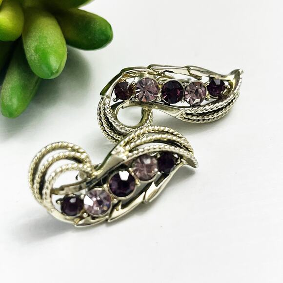 Coro Vintage Purple Crystal Pea Pod Clip Earrings - Picture 2 of 6